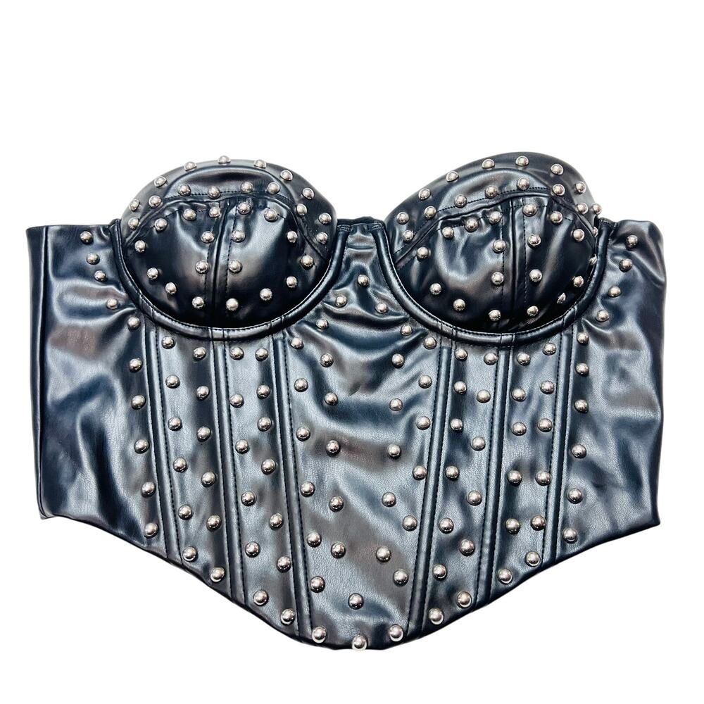 Windsor Halter Corset Top Small Black Leather Strapless Metal Studded All Over